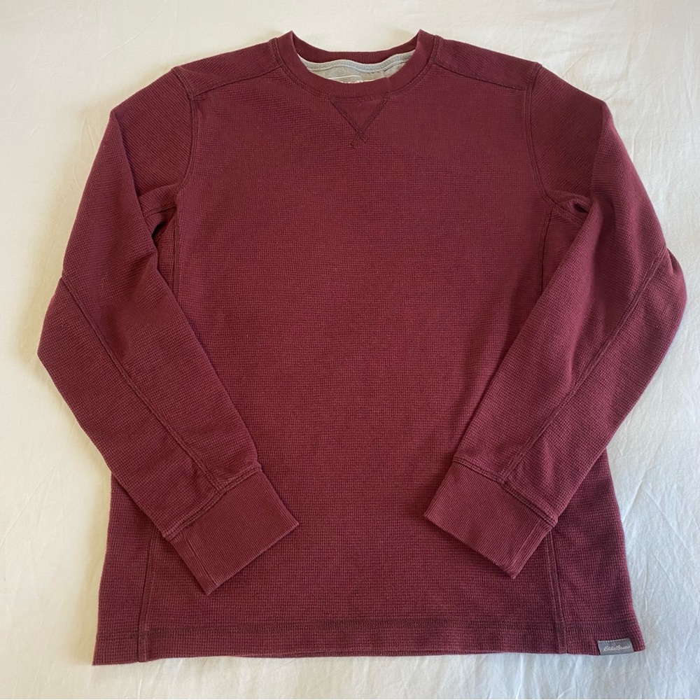 Eddie Bauer Mens Medium Burgundy Waffle Knit Thermal Long Sleeve Crew Neck Shirt
